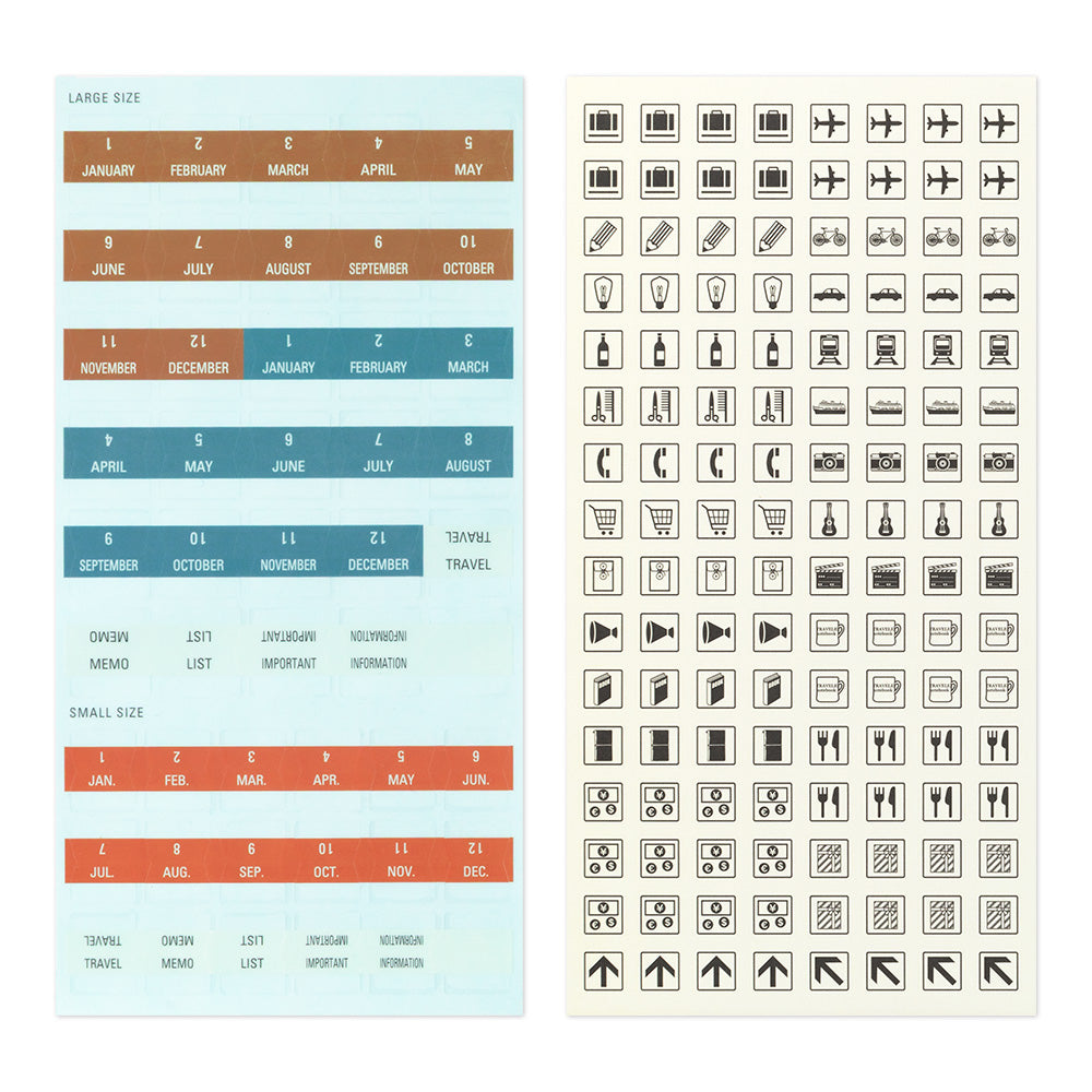 A printed reference chart sheet showing travel status and airport code symbols in large and small sizes. The left panel has colored headers for months and rows of symbols with labels such as ONWARD, LIST, IMPORTANT, and DESTINATION.