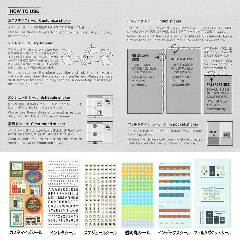 A detailed instruction sheet in Japanese showing how to use various custom sticker types for notebooks, including index stickers, schedule stickers, clear round stickers, film pocket stickers, and decorative labels, with size guides and examples.