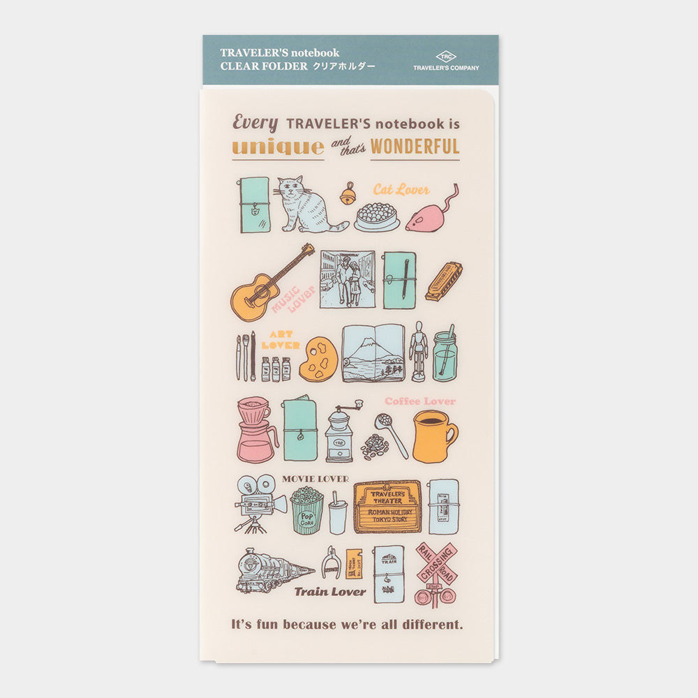 A rectangular clear folder sticker sheet from Translate Company featuring travel-themed illustrations and quotes on a cream background with a teal header.