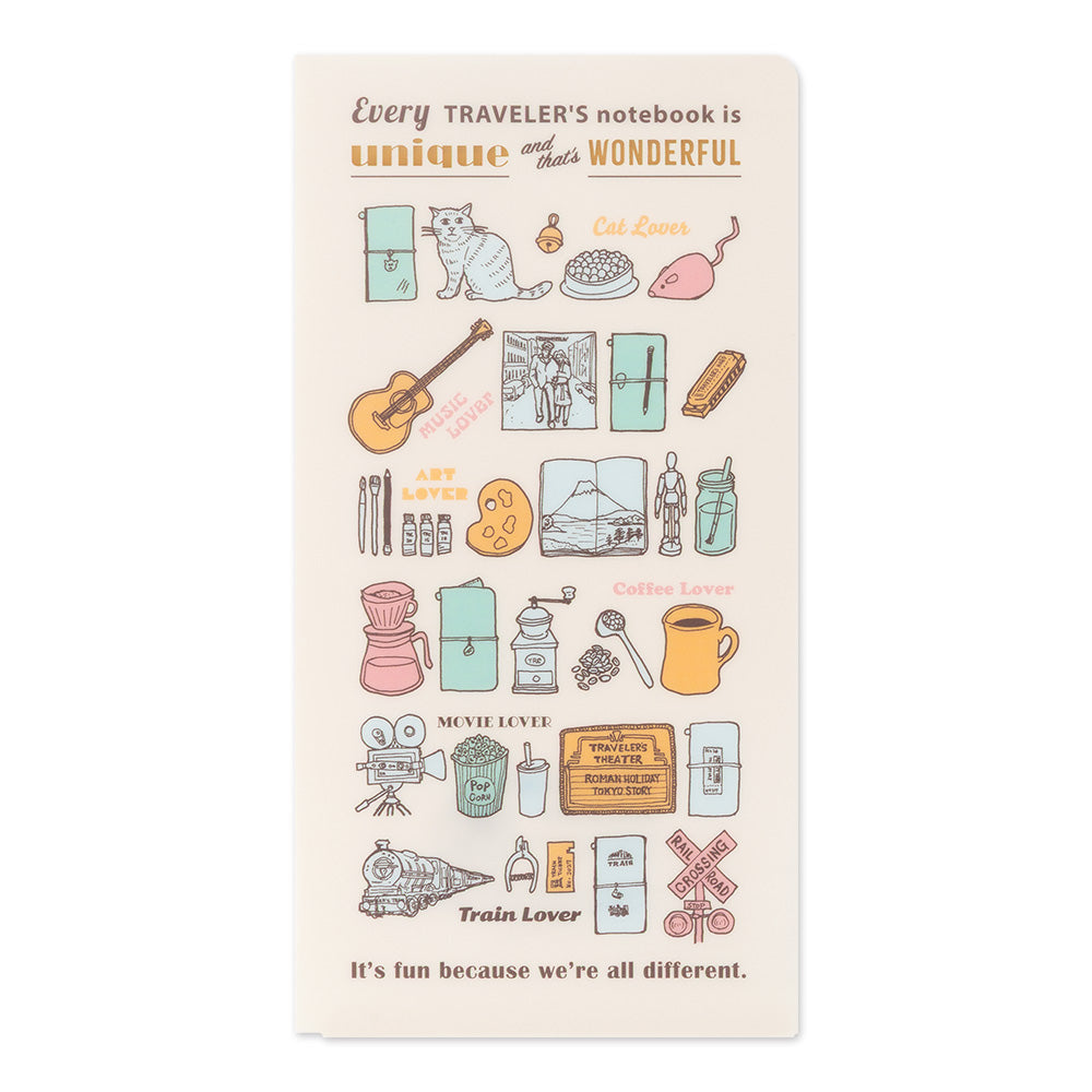 A vertical rectangular sticker sheet with a cream background printed with illustrated travel-themed icons and phrases such as 'Every traveler's notebook is unique and that's wonderful' and 'It's fun because we're all different.'.