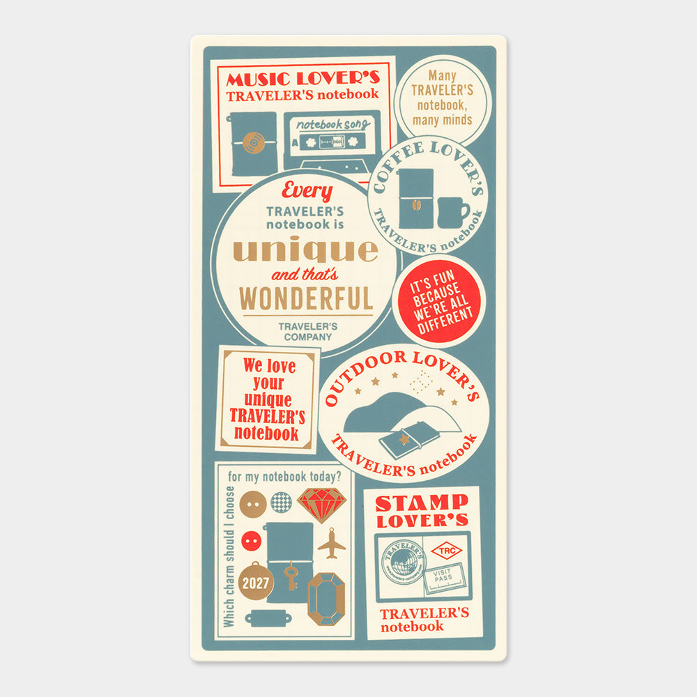 A vertical rectangular sticker sheet featuring retro travel-themed labels and illustrations, including phrases like 'Music Lover's Notebook' and 'Every Traveler's notebook is unique and that's Wonderful,' on a light gray background.