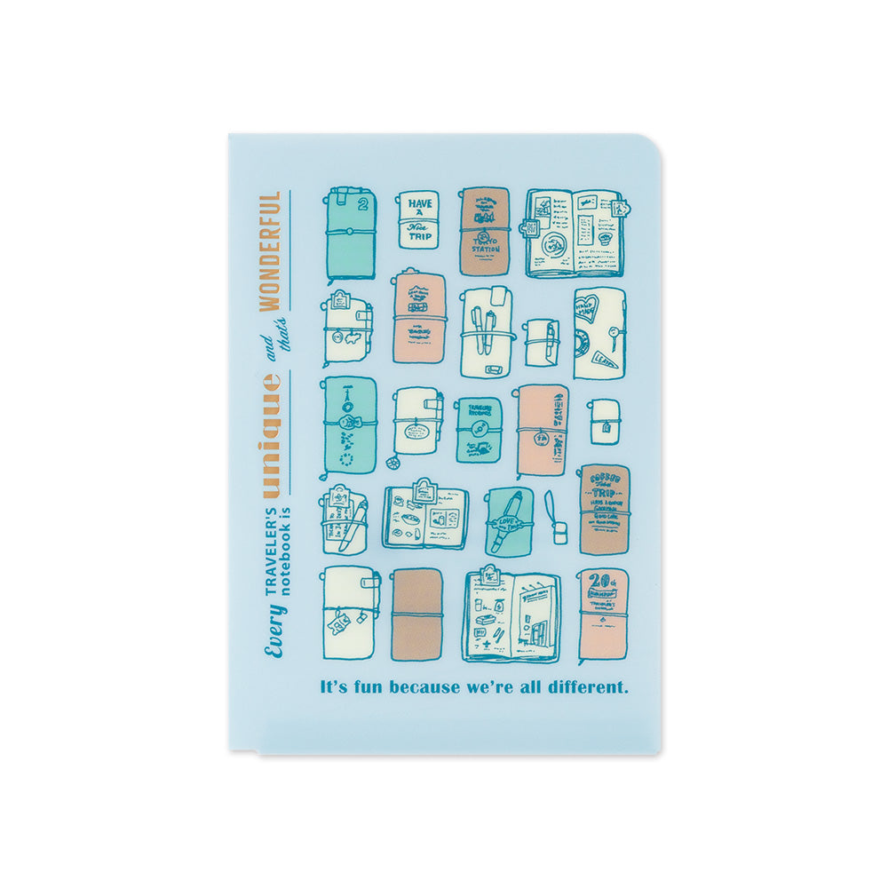 A light blue notebook with illustrated travel-themed stickers and text reading 'Every unique and wonderful Traveler's notebook' and 'It's fun because we're all different.' on a white background.