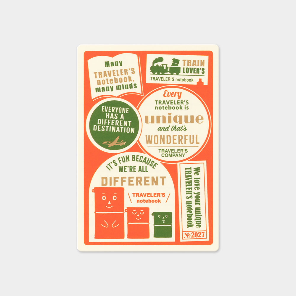 A rectangular sticker sheet featuring retro travel-themed stickers with phrases like 'Everyone has a different destination' and 'It's fun because we're all different' in orange, cream, and green.