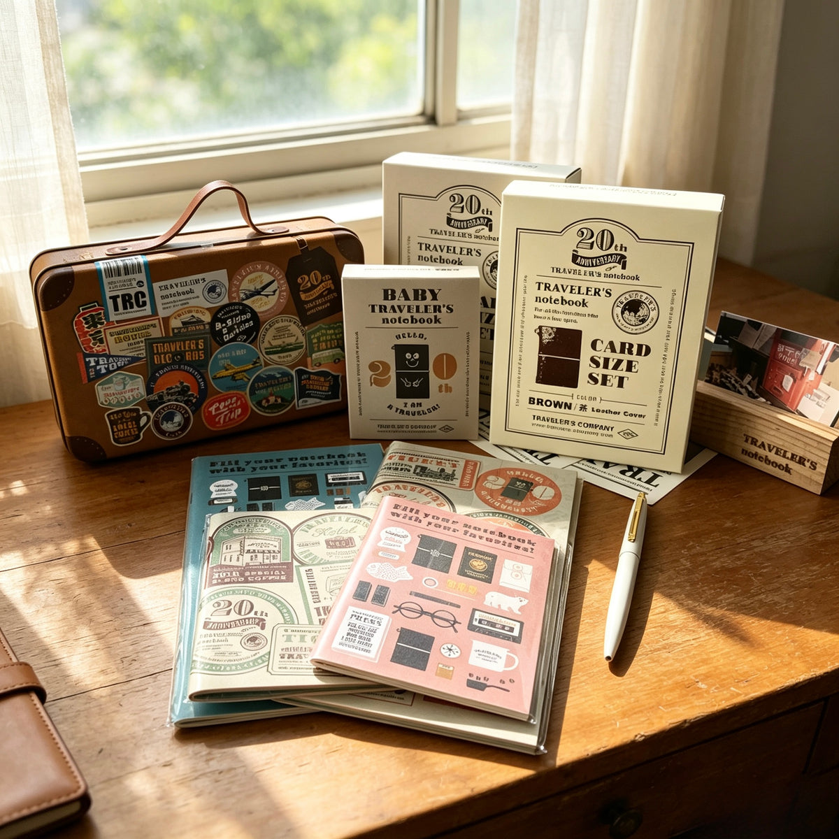 A coordinated stationery and travel-themed desk set arranged on a wooden table near a window. The set includes a brown suitcase-shaped notebook or journal covered with stickers, several cream-colored boxes and booklets labeled 20th Century Girls / Travelers Notebook / Card Size Set / Brownie Edition, sticker sheets, a pink notebook, and a white pen.