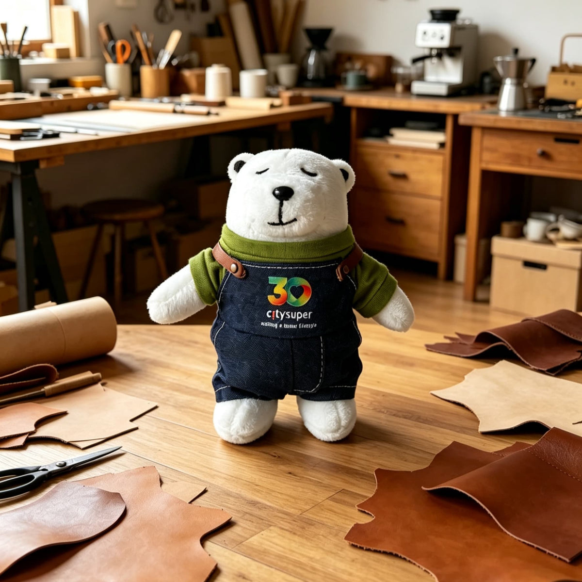 A plush polar bear toy stands on a wooden workbench in a leatherworking studio. The bear is white with embroidered facial features and wears dark denim overalls with a colorful '30 years Citysuper' logo on the chest, along with a green shirt.