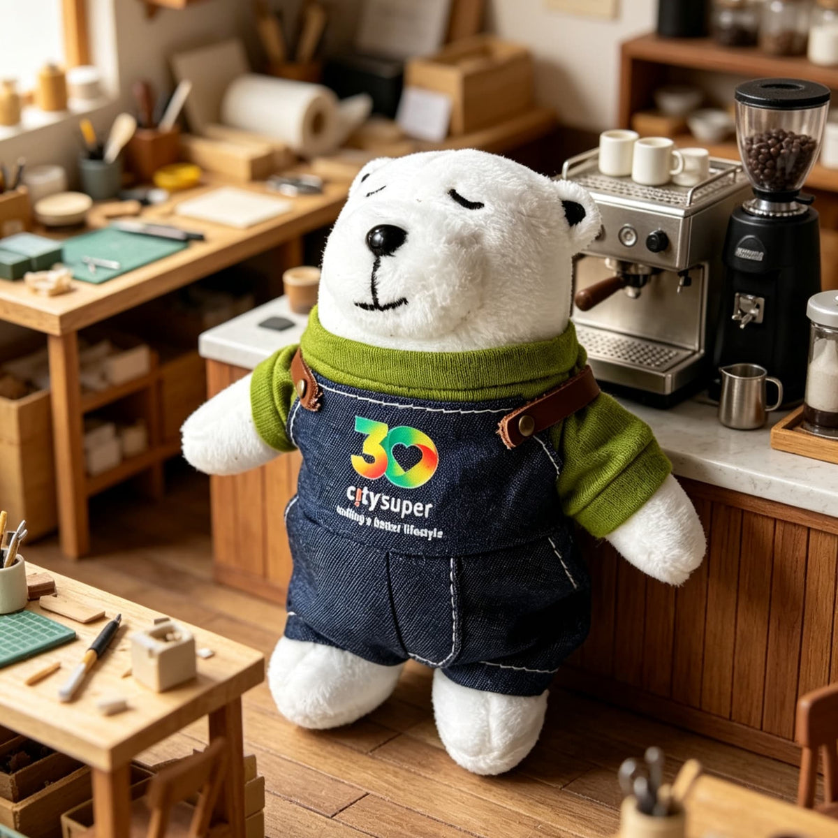 A plush polar bear toy wearing dark blue denim overalls and a green shirt, standing in a miniature coffee shop set with wooden tables, shelves, and coffee equipment.