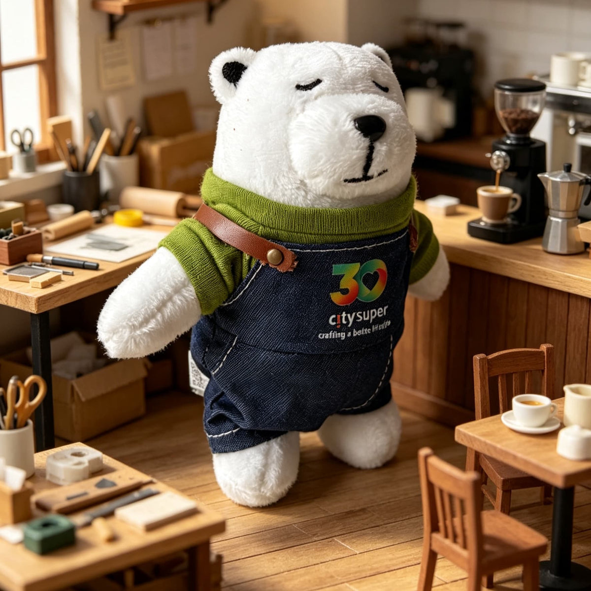 A plush white polar bear character wearing a green sweater and blue apron with a colorful logo, standing in a miniature coffee-shop-like room with wooden tables and chairs.