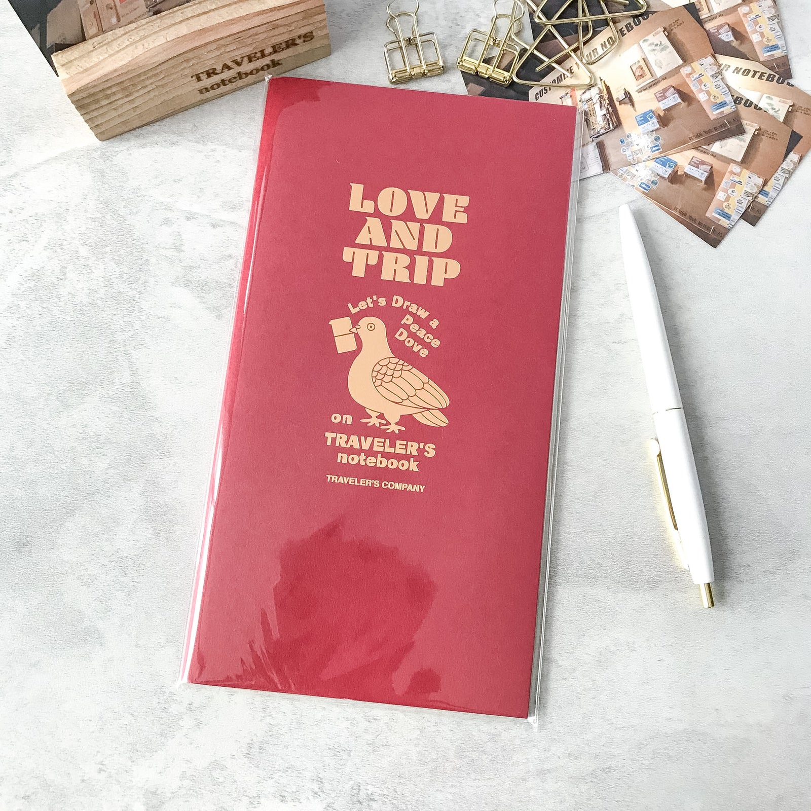 Traveler's Factory Love and Trip Notebook Refill – Peace Dove Gold Foil Detail on Red Cover