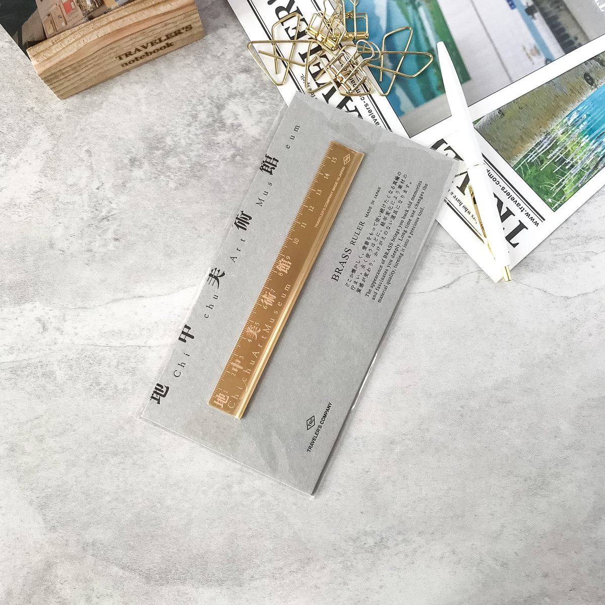 Angled view of the packaged Chichu Art Museum brass ruler