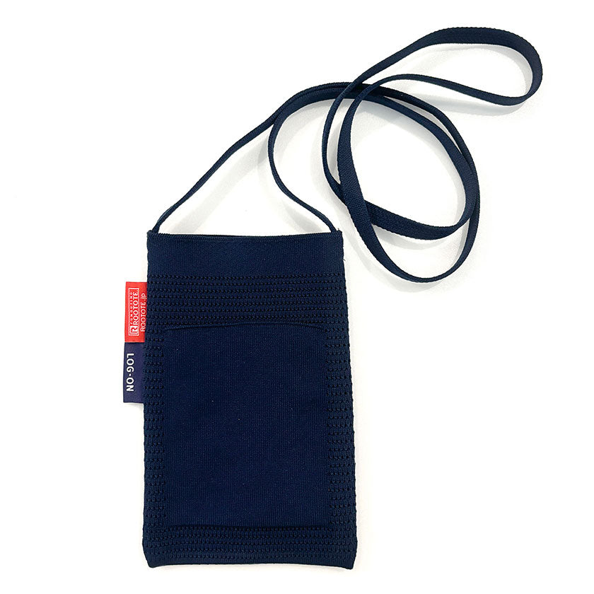 A navy blue mesh phone pouch with a matching fabric neck strap, featuring a small red and white 'NO DOG' brand tag on the side, set against a plain white background.