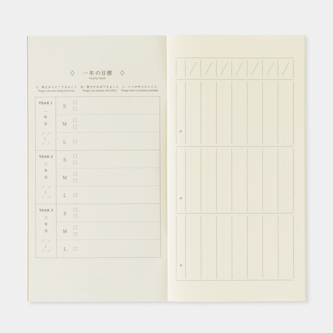 Open double-page spread of the One Line a Day journal showing rows dedicated to tracking the same date across three years.